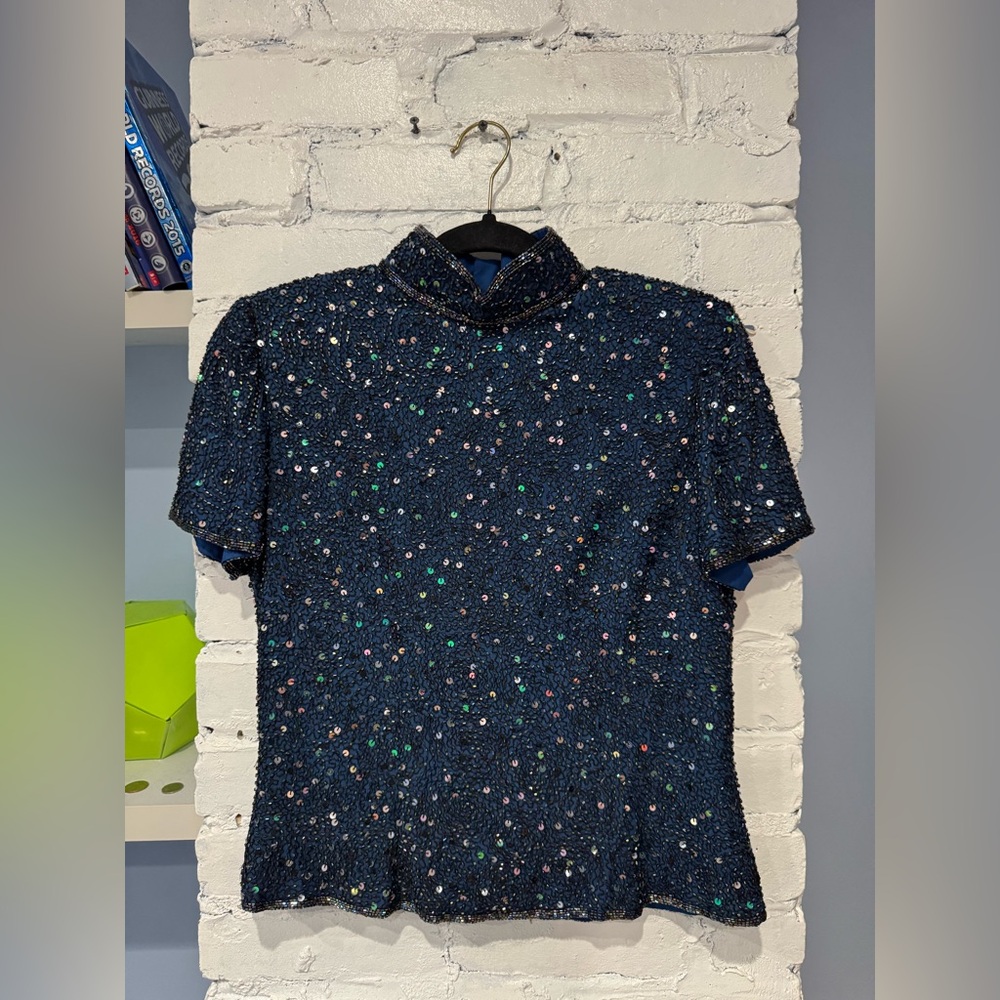 Emma Black M Navy Silk Beaded Top Evening Elegant Vintage Sequins Short‎ Sleeve